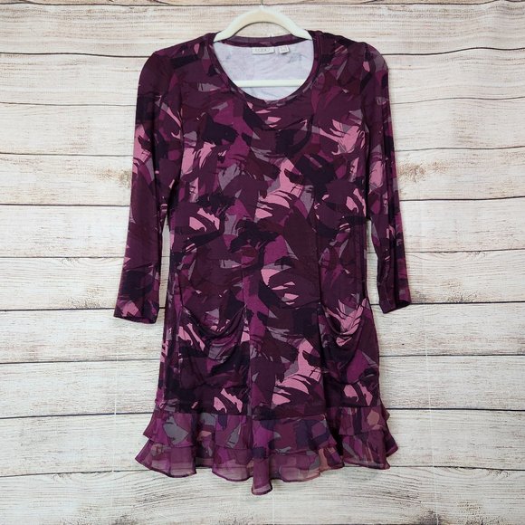 LOGO Lori Goldstein Women's Size XXS Purple Abstract  Tunic Top Chiffon Hemmed - Picture 1 of 14